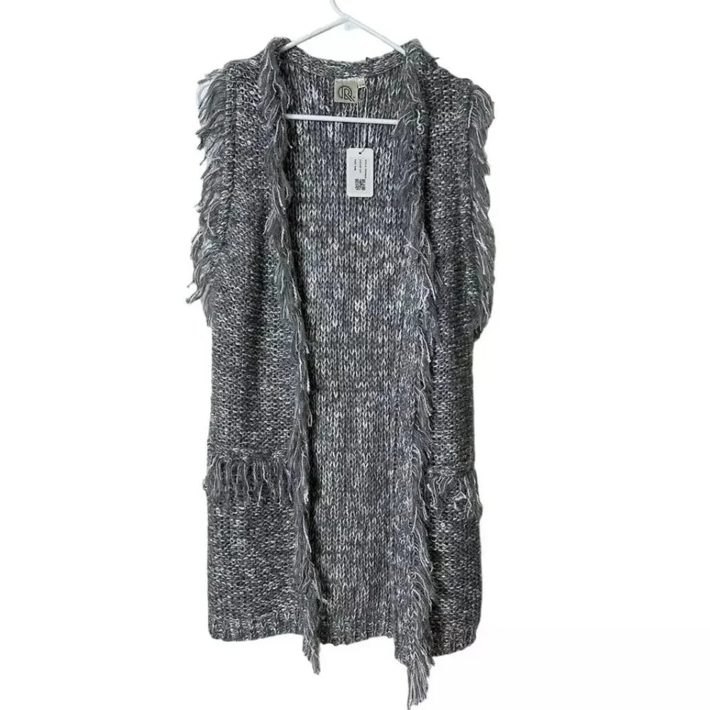 Women's Cable Knit Fringe Maxi Sweater Vest Gray White Silver S/M L/XL
